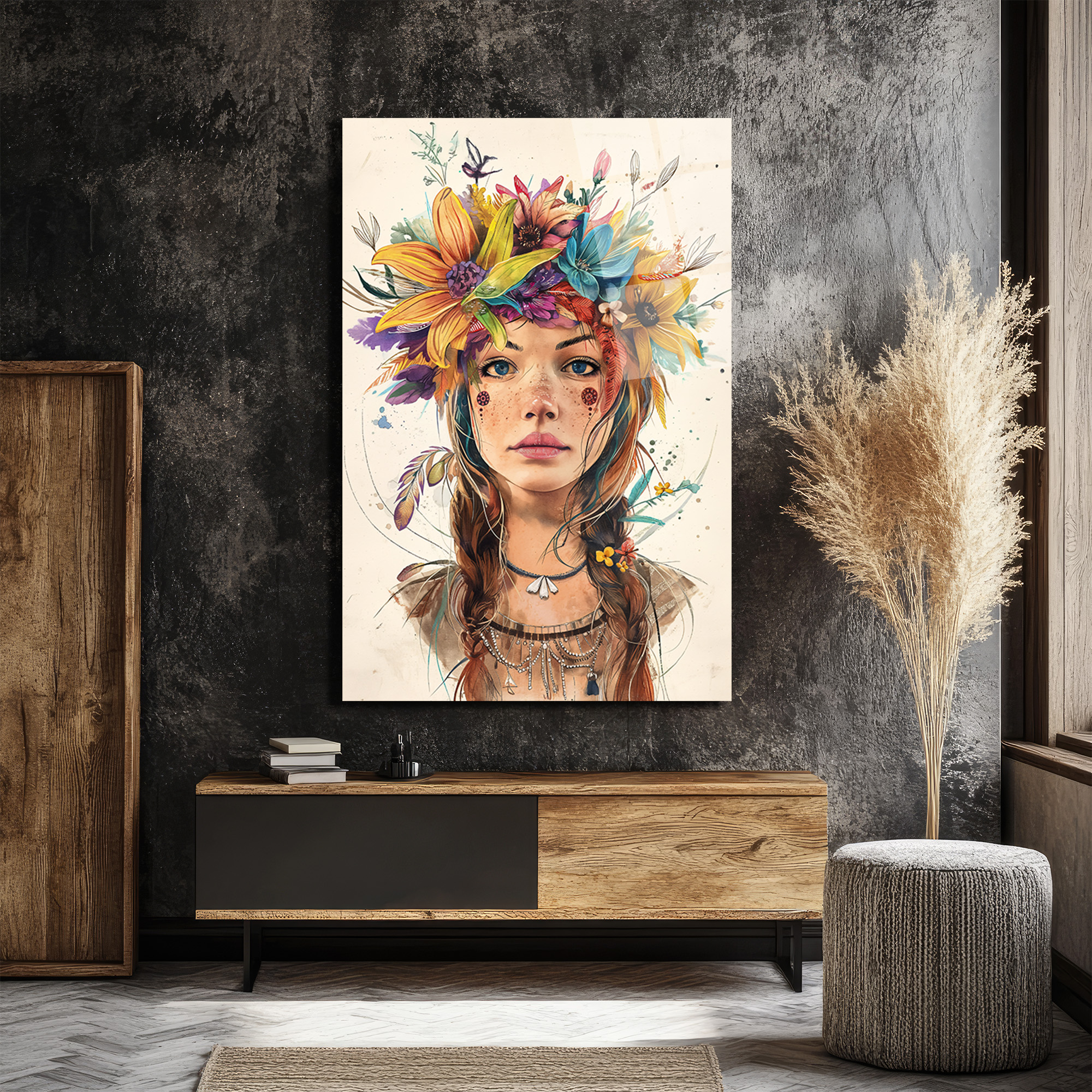 Çiçek Taçlı Boho Ruhlu Kadın Portresi Cam Tablo - Glazella Çiçek Taçlı Boho Ruhlu Kadın Portresi Cam Tablo - Glazella