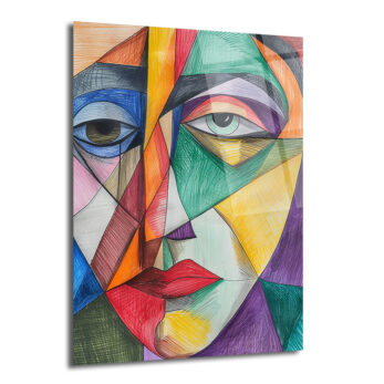 Soyut Kübik Yüz Cam Tablo - Canlı Renklerle Modern Sanat - Glazella
