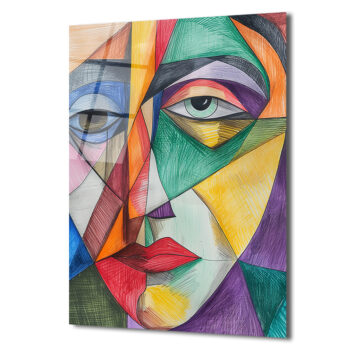 Soyut Kübik Yüz Cam Tablo - Canlı Renklerle Modern Sanat - Glazella