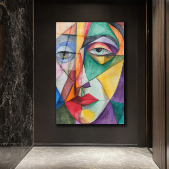 Soyut Kübik Yüz Cam Tablo - Canlı Renklerle Modern Sanat - Glazella