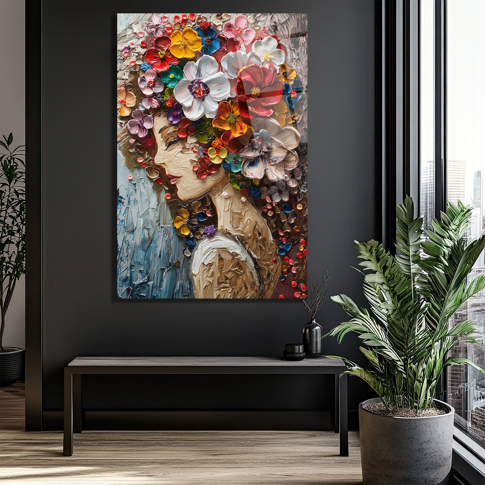 Canlı Çiçek Buketi Saçlı Kadın Cam Tablo - Dokulu Sanat Eseri - Glazella Canlı Çiçek Buketi Saçlı Kadın Cam Tablo - Dokulu Sanat Eseri - Glazella