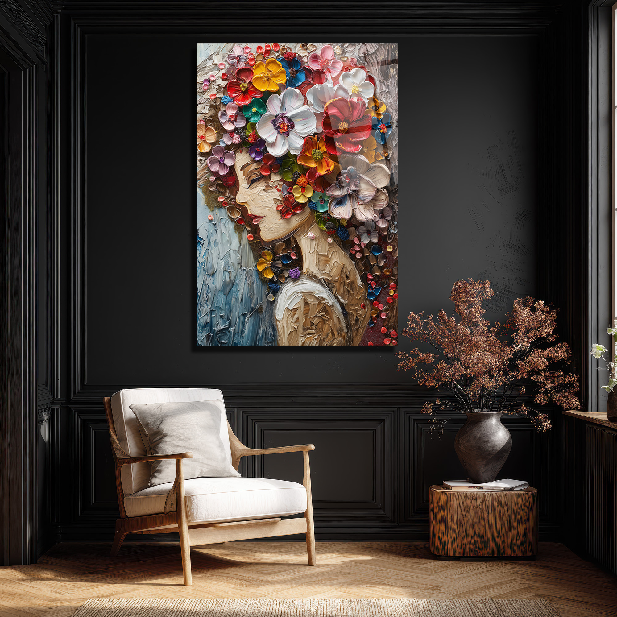 Canlı Çiçek Buketi Saçlı Kadın Cam Tablo - Dokulu Sanat Eseri - Glazella Canlı Çiçek Buketi Saçlı Kadın Cam Tablo - Dokulu Sanat Eseri - Glazella