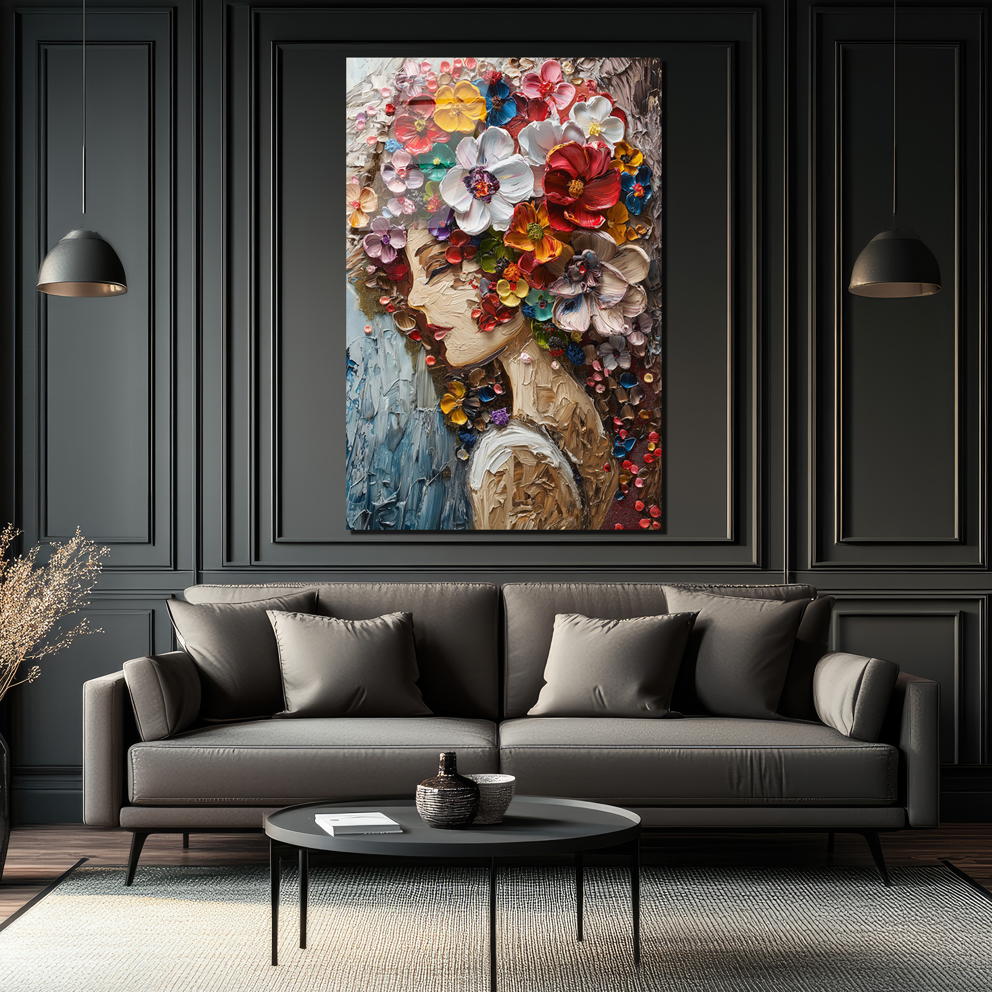 Canlı Çiçek Buketi Saçlı Kadın Cam Tablo - Dokulu Sanat Eseri - Glazella Canlı Çiçek Buketi Saçlı Kadın Cam Tablo - Dokulu Sanat Eseri - Glazella