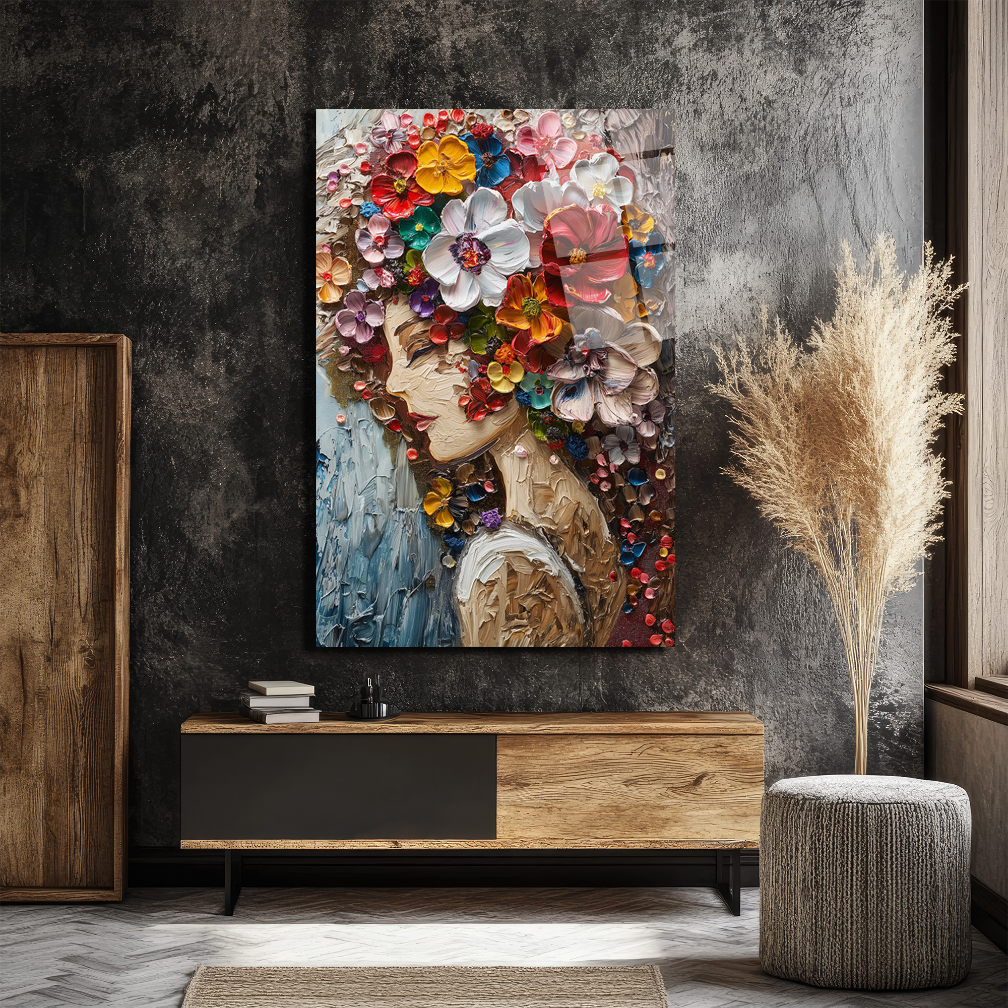 Canlı Çiçek Buketi Saçlı Kadın Cam Tablo - Dokulu Sanat Eseri - Glazella Canlı Çiçek Buketi Saçlı Kadın Cam Tablo - Dokulu Sanat Eseri - Glazella
