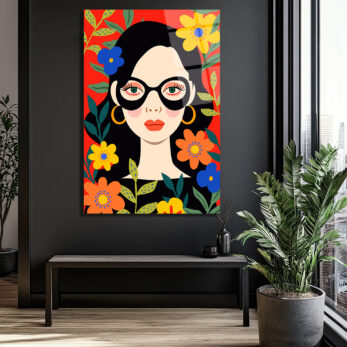 Çiçekler İçinde Gözlüklü Kadın Modern Sanat Cam Tablo - Glazella Çiçekler İçinde Gözlüklü Kadın Modern Sanat Cam Tablo - Glazella