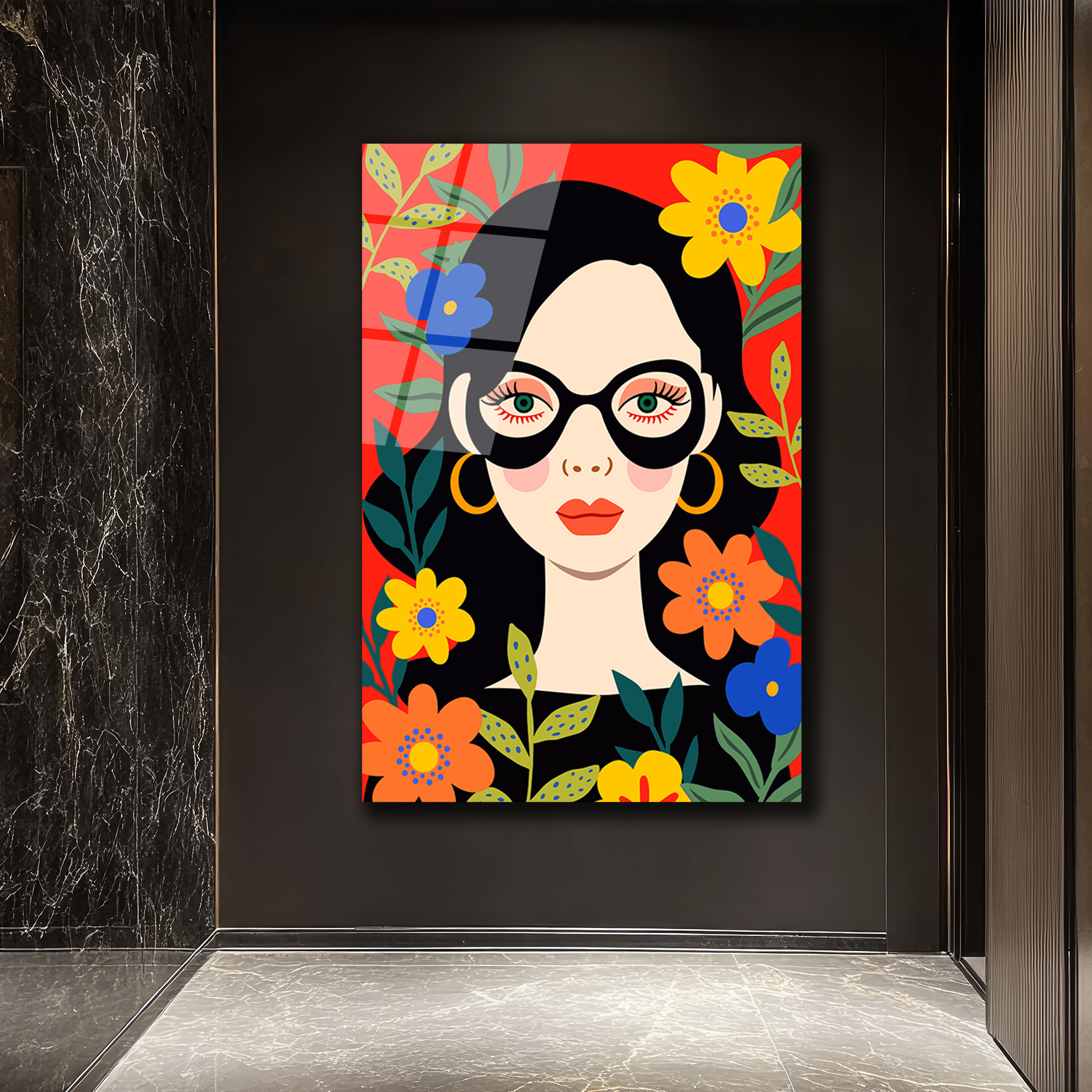 Çiçekler İçinde Gözlüklü Kadın Modern Sanat Cam Tablo - Glazella Çiçekler İçinde Gözlüklü Kadın Modern Sanat Cam Tablo - Glazella