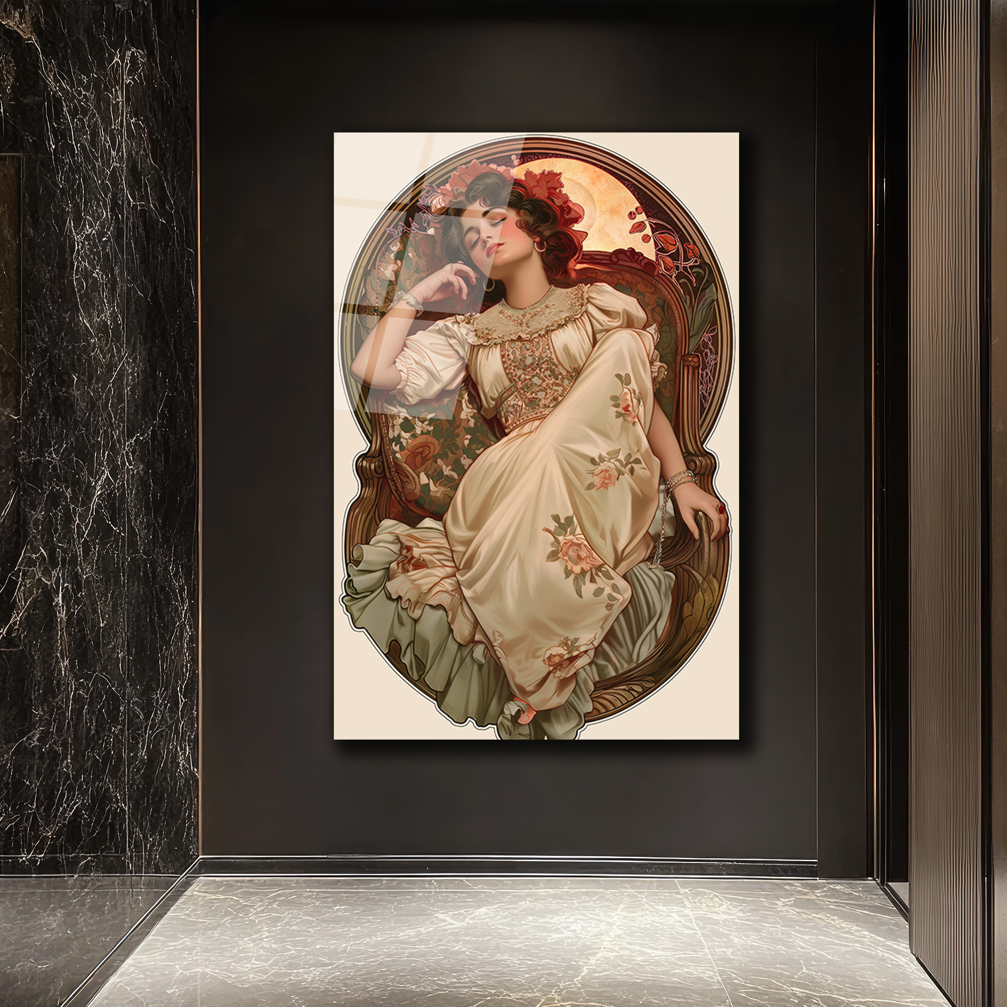 Art Nouveau Rüyası: Zarif Kadın Portresi Cam Tablo - Glazella Art Nouveau Rüyası: Zarif Kadın Portresi Cam Tablo - Glazella