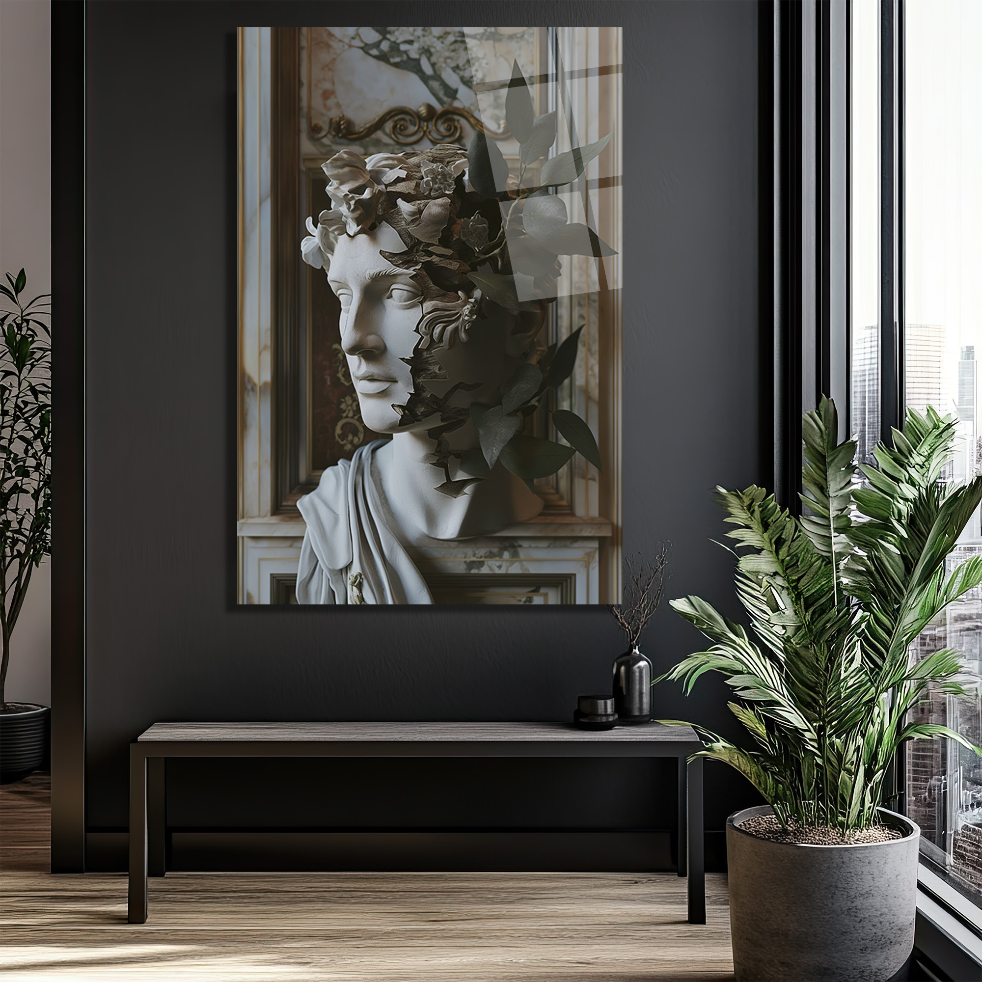 Antik Heykel ve Doğanın Dansı Sanatsal Cam Tablo - Glazella Antik Heykel ve Doğanın Dansı Sanatsal Cam Tablo - Glazella