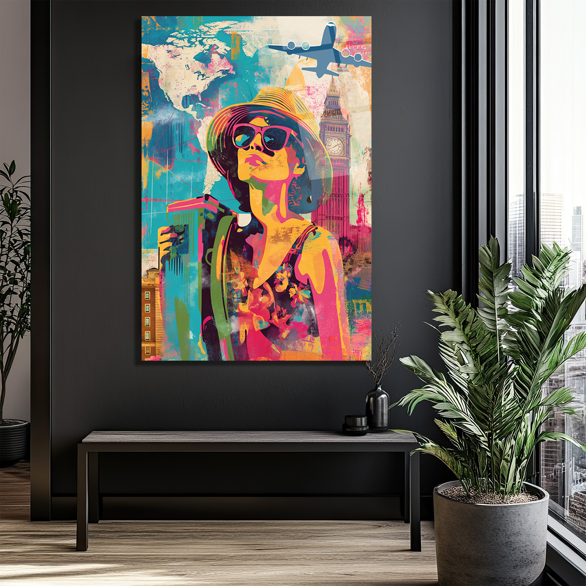 Renkli Macera: Dünya Seyahati Temalı Pop Art Cam Tablo - Glazella Renkli Macera: Dünya Seyahati Temalı Pop Art Cam Tablo - Glazella