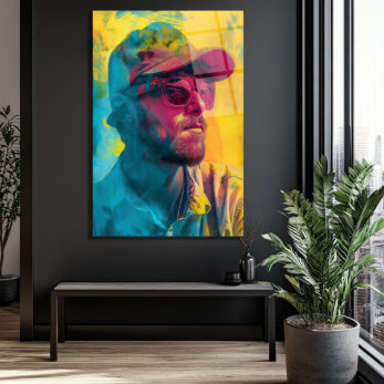 Neon Rüyası: Şapkalı Adam Portresi Modern Cam Tablo - Glazella
