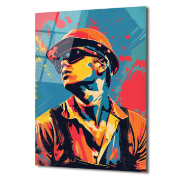 Dinamik Pop Art İşçi Portresi Cam Tablo - Glazella