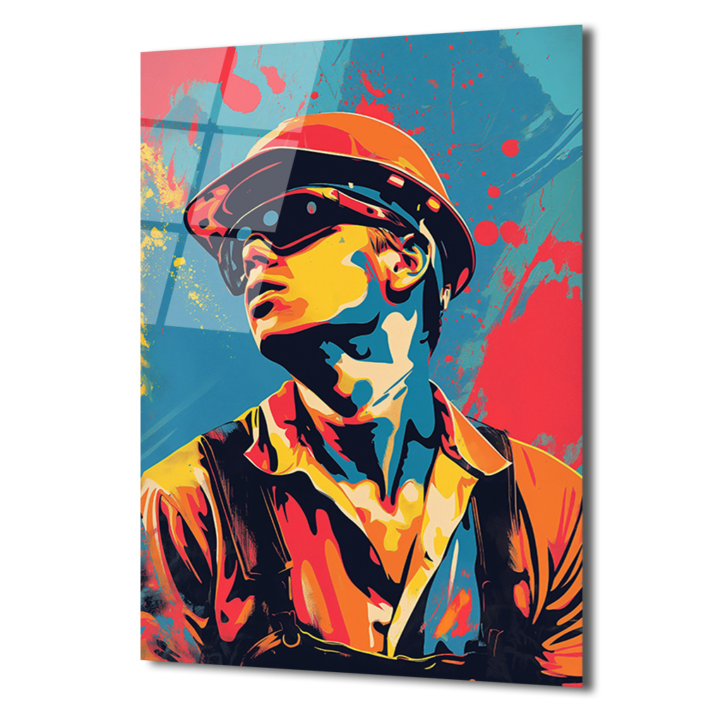 Dinamik Pop Art İşçi Portresi Cam Tablo - Glazella Dinamik Pop Art İşçi Portresi Cam Tablo - Glazella