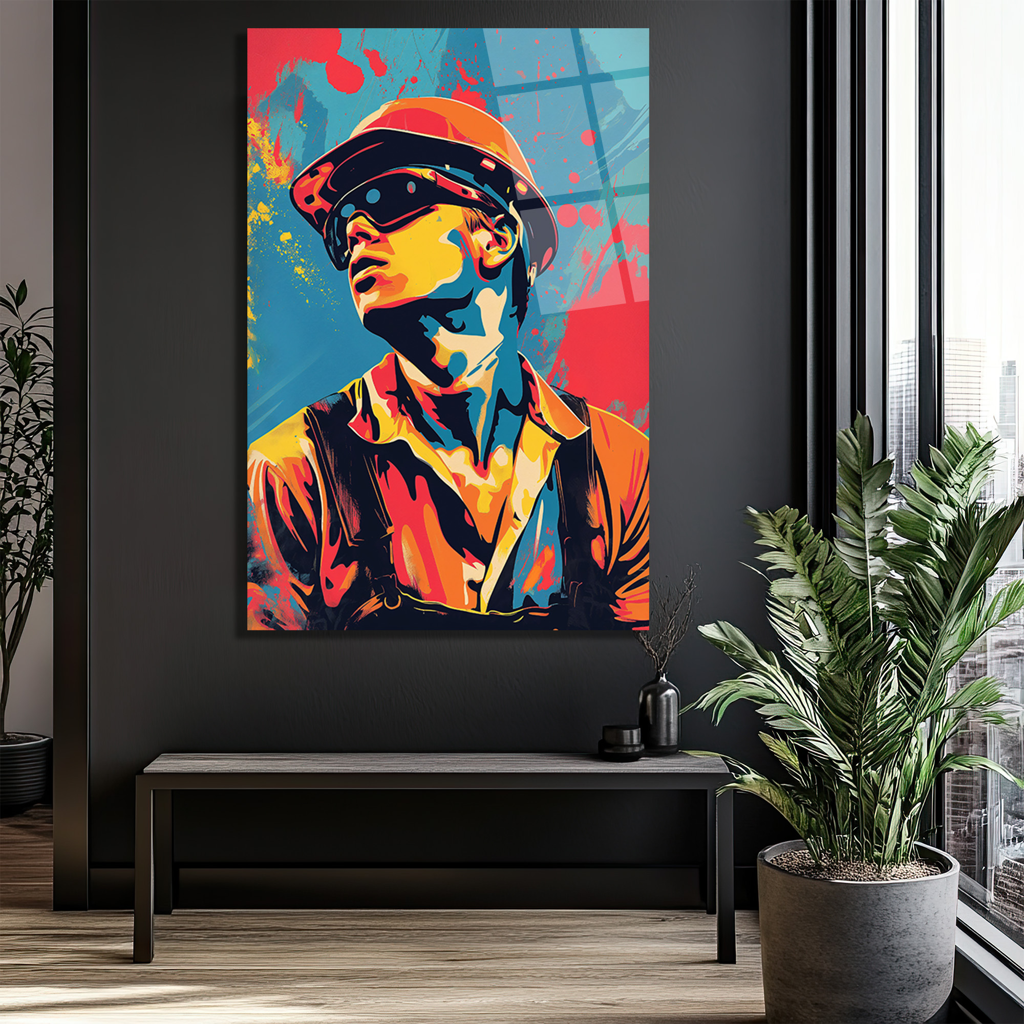 Dinamik Pop Art İşçi Portresi Cam Tablo - Glazella Dinamik Pop Art İşçi Portresi Cam Tablo - Glazella