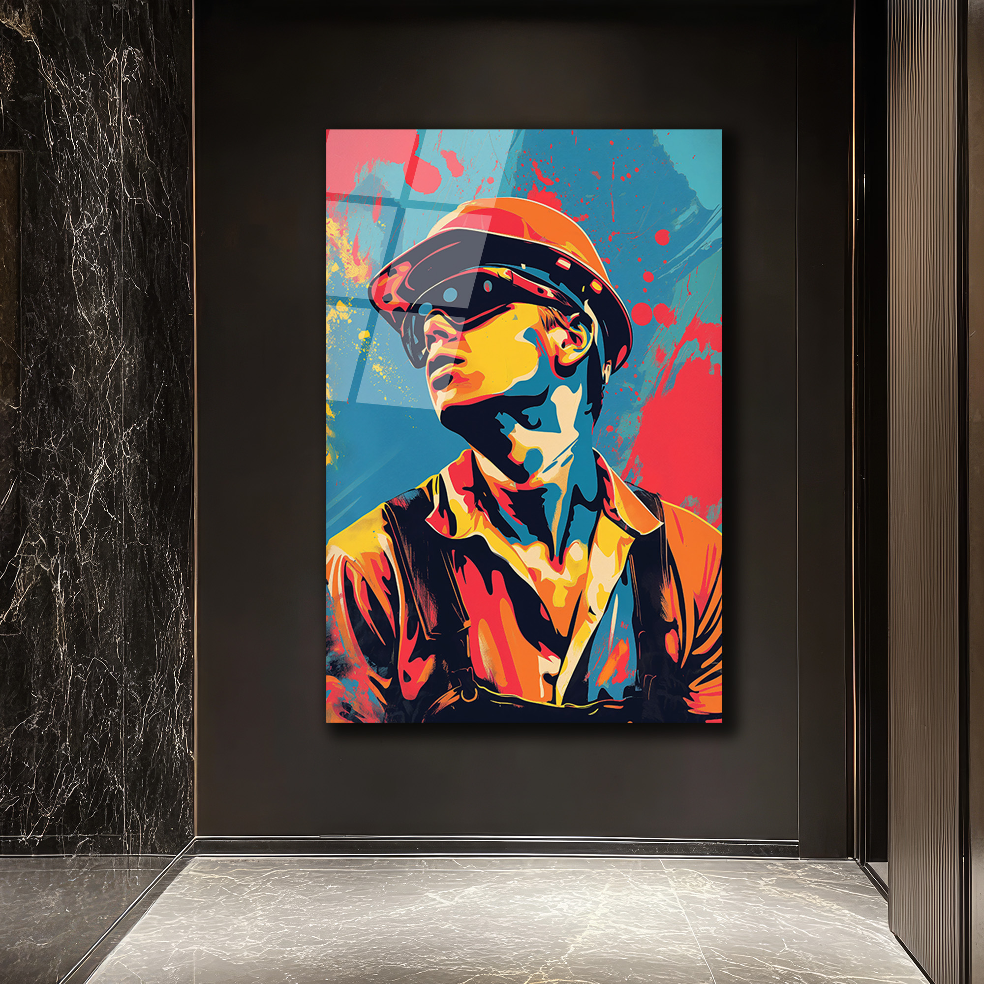 Dinamik Pop Art İşçi Portresi Cam Tablo - Glazella Dinamik Pop Art İşçi Portresi Cam Tablo - Glazella