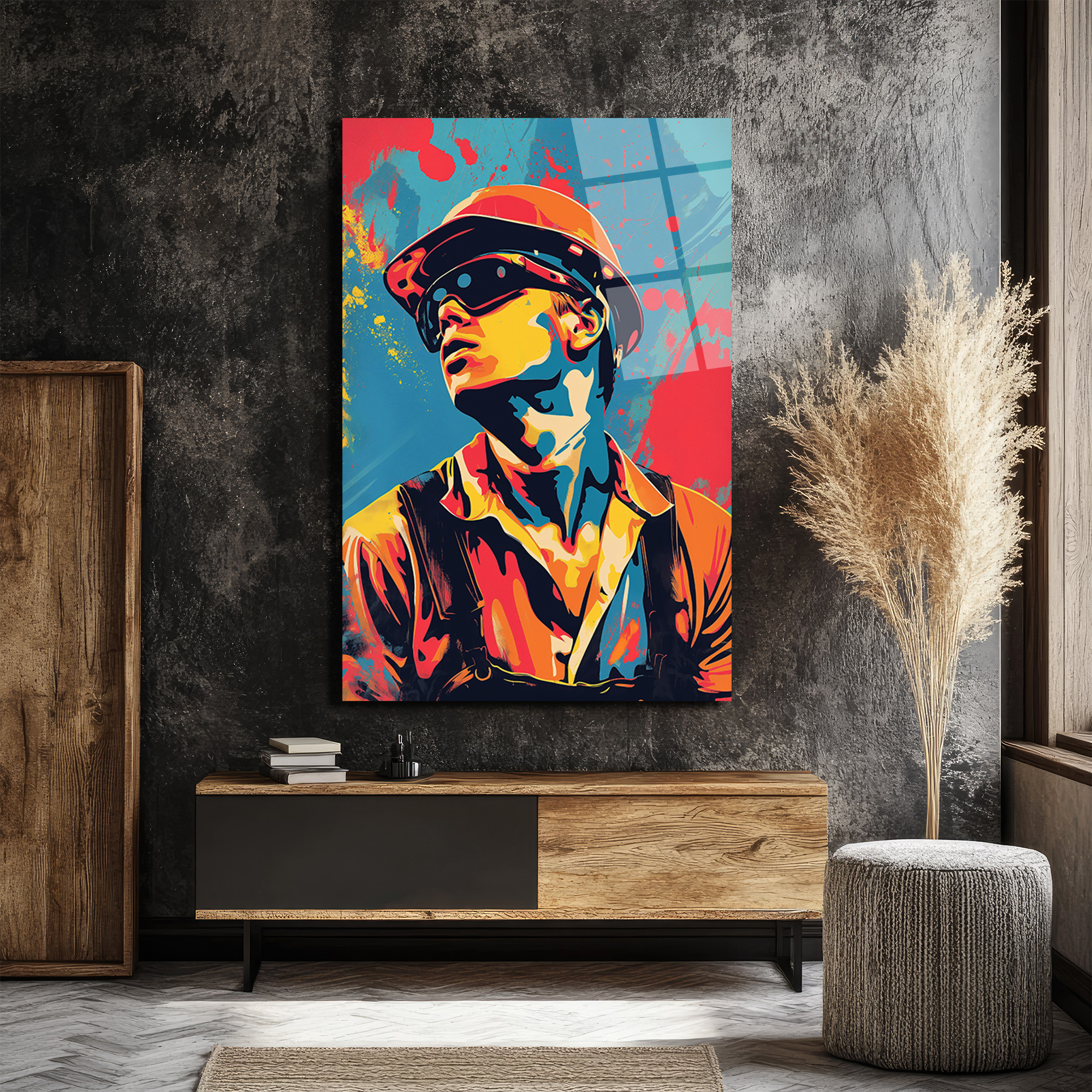 Dinamik Pop Art İşçi Portresi Cam Tablo - Glazella Dinamik Pop Art İşçi Portresi Cam Tablo - Glazella