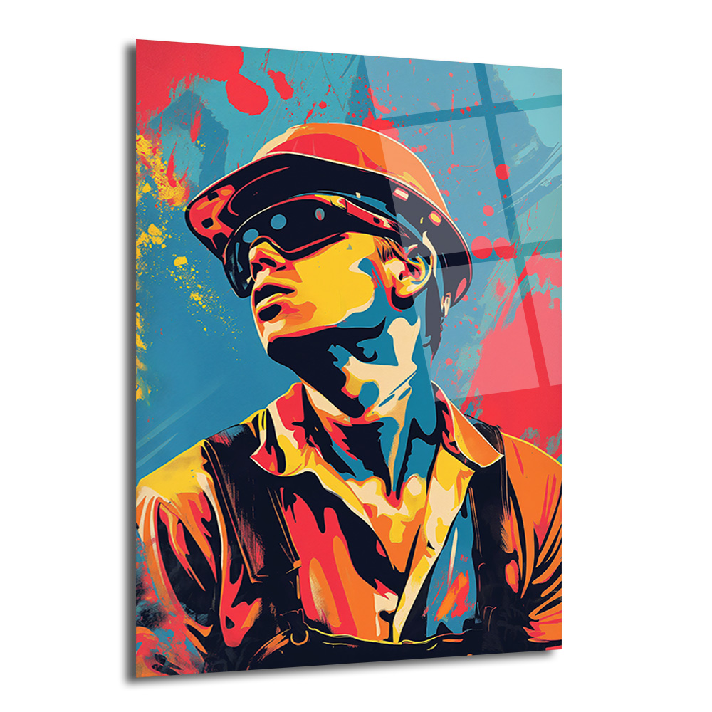 Dinamik Pop Art İşçi Portresi Cam Tablo - Glazella Dinamik Pop Art İşçi Portresi Cam Tablo - Glazella