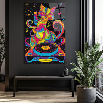 Psikedelik DJ Kedi Temalı Canlı Renkli Cam Tablo - Glazella Psikedelik DJ Kedi Temalı Canlı Renkli Cam Tablo - Glazella