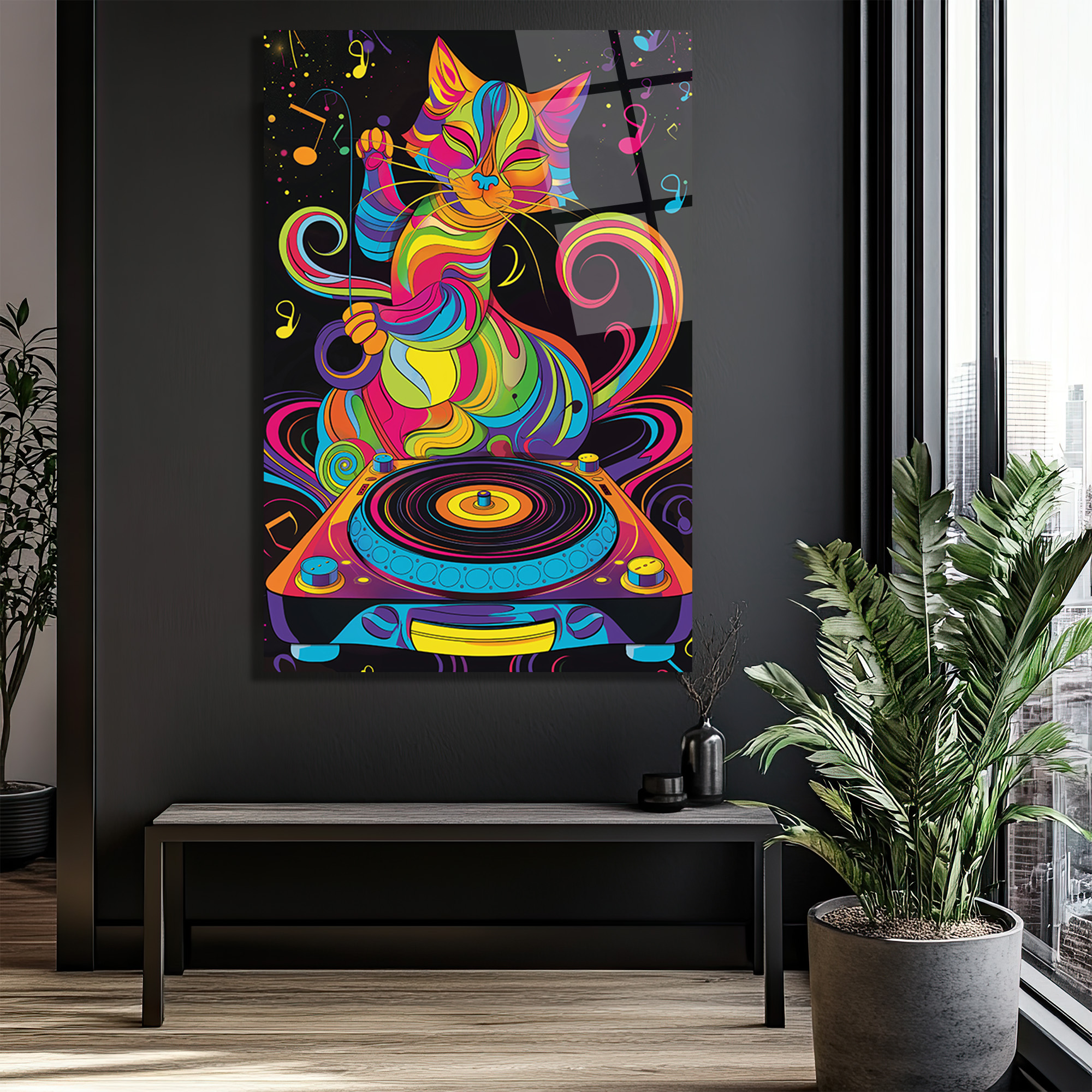 Psikedelik DJ Kedi Temalı Canlı Renkli Cam Tablo - Glazella Psikedelik DJ Kedi Temalı Canlı Renkli Cam Tablo - Glazella