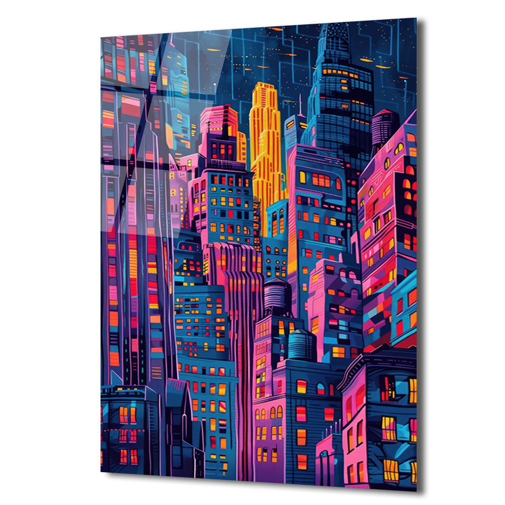 Neon Şehir Işıkları Cam Tablo: Modern Metropolis Sanatı - Glazella Neon Şehir Işıkları Cam Tablo: Modern Metropolis Sanatı - Glazella