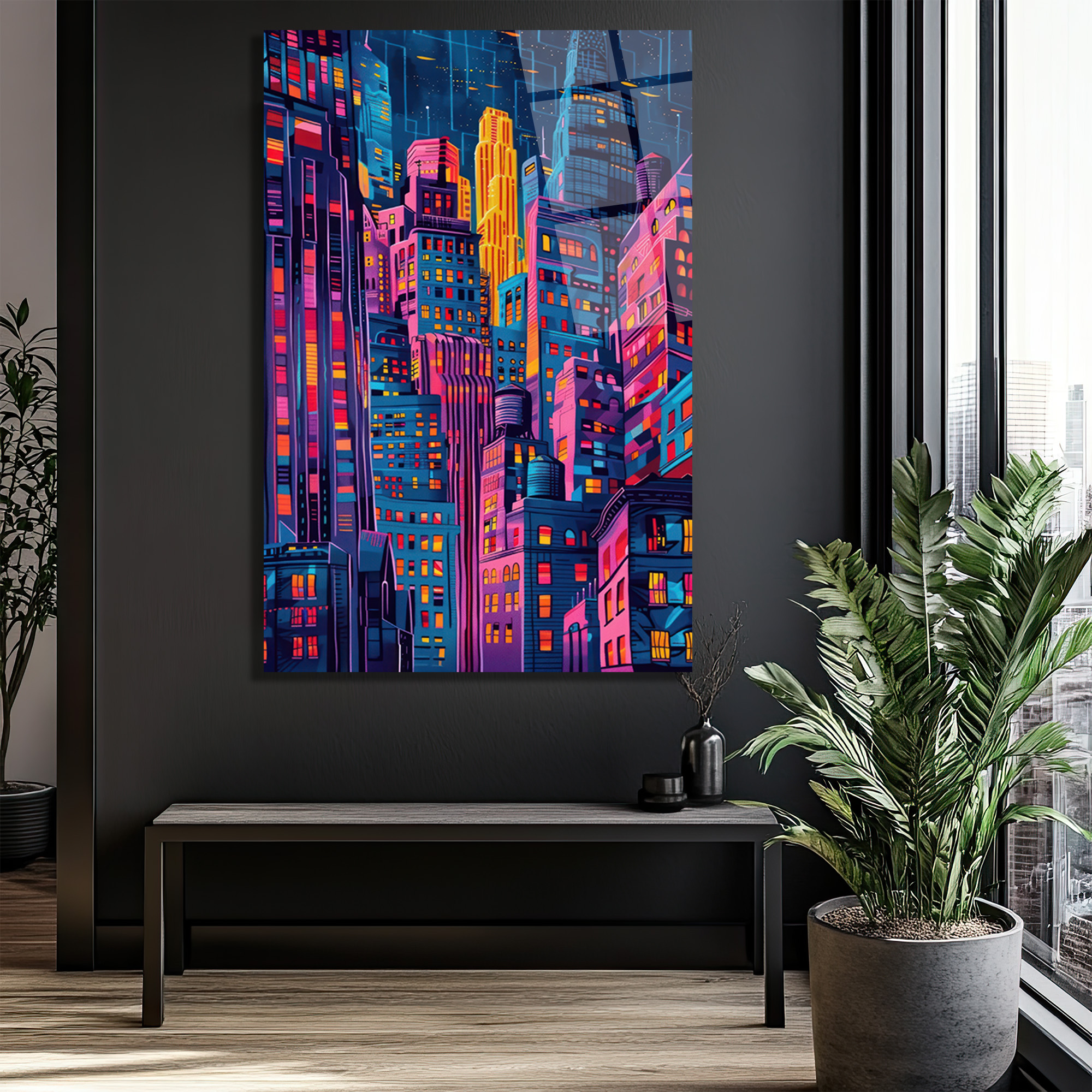 Neon Şehir Işıkları Cam Tablo: Modern Metropolis Sanatı - Glazella Neon Şehir Işıkları Cam Tablo: Modern Metropolis Sanatı - Glazella