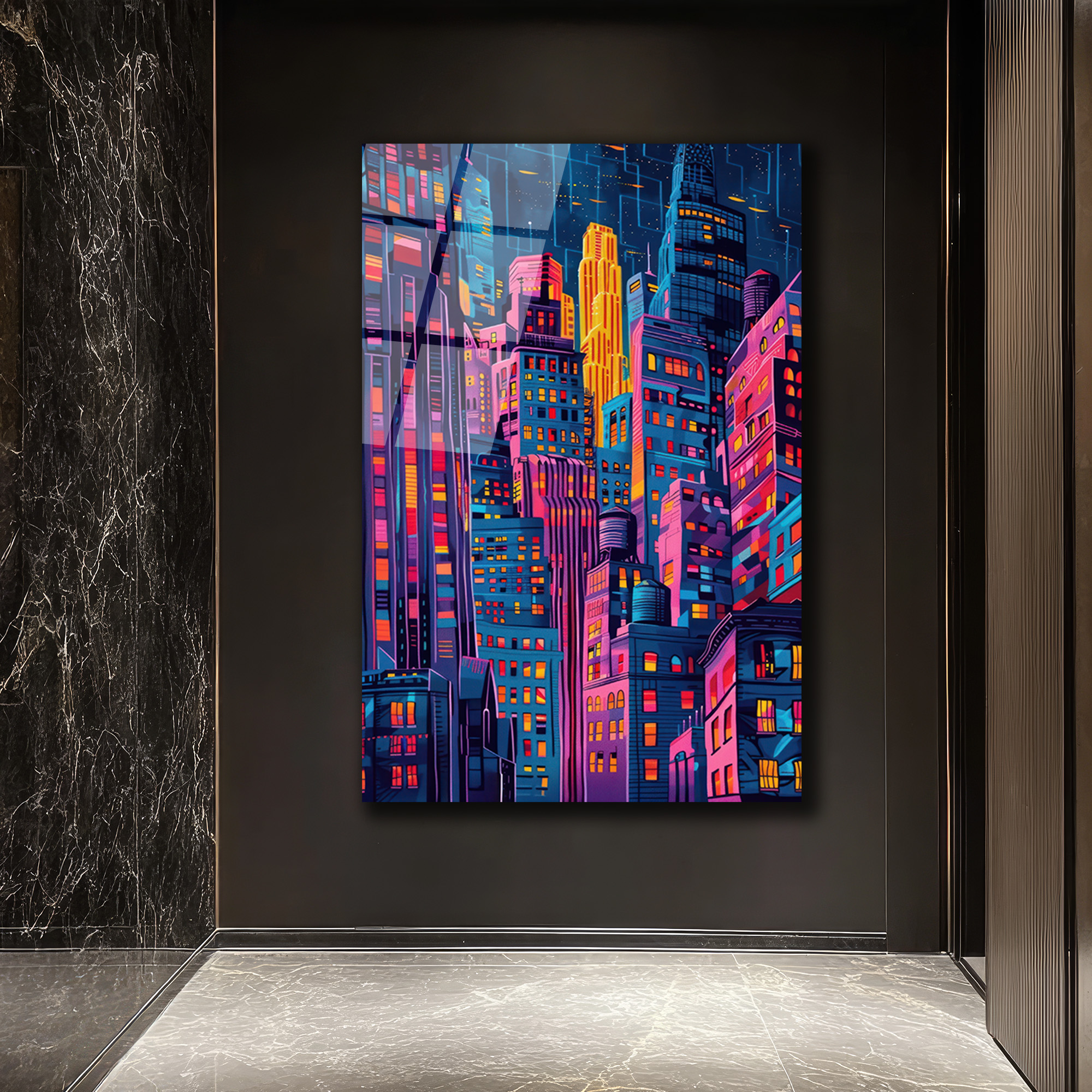 Neon Şehir Işıkları Cam Tablo: Modern Metropolis Sanatı - Glazella Neon Şehir Işıkları Cam Tablo: Modern Metropolis Sanatı - Glazella