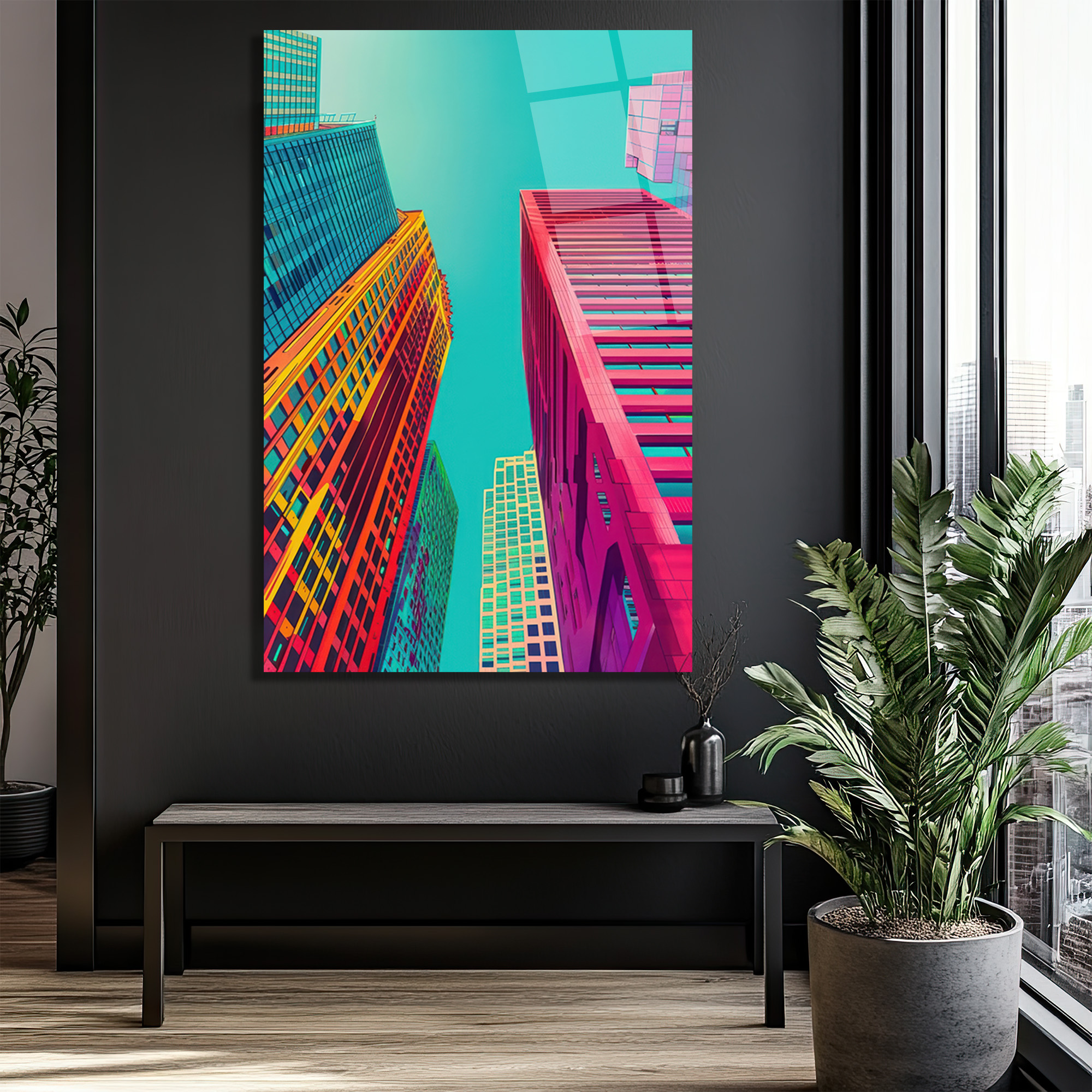 Canlı Renklerle Modern Şehir Manzarası Cam Tablo - Glazella Canlı Renklerle Modern Şehir Manzarası Cam Tablo - Glazella