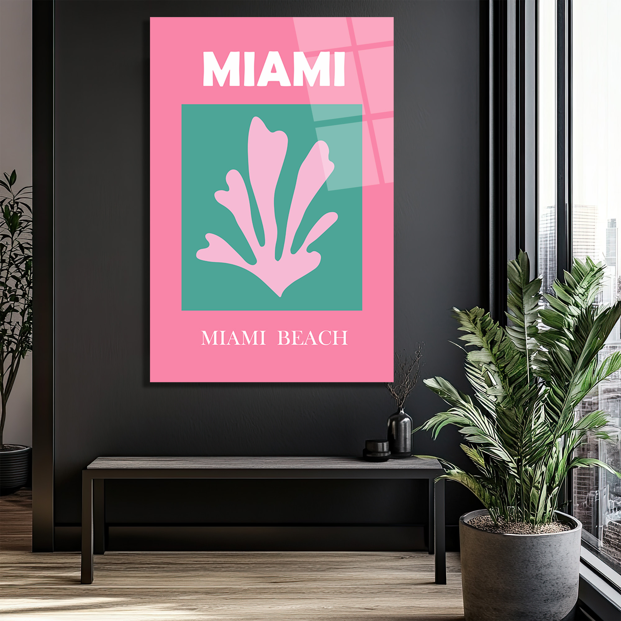 Miami Beach Tropikal Mercan Tasarımı Modern Cam Tablo - Glazella Miami Beach Tropikal Mercan Tasarımı Modern Cam Tablo - Glazella