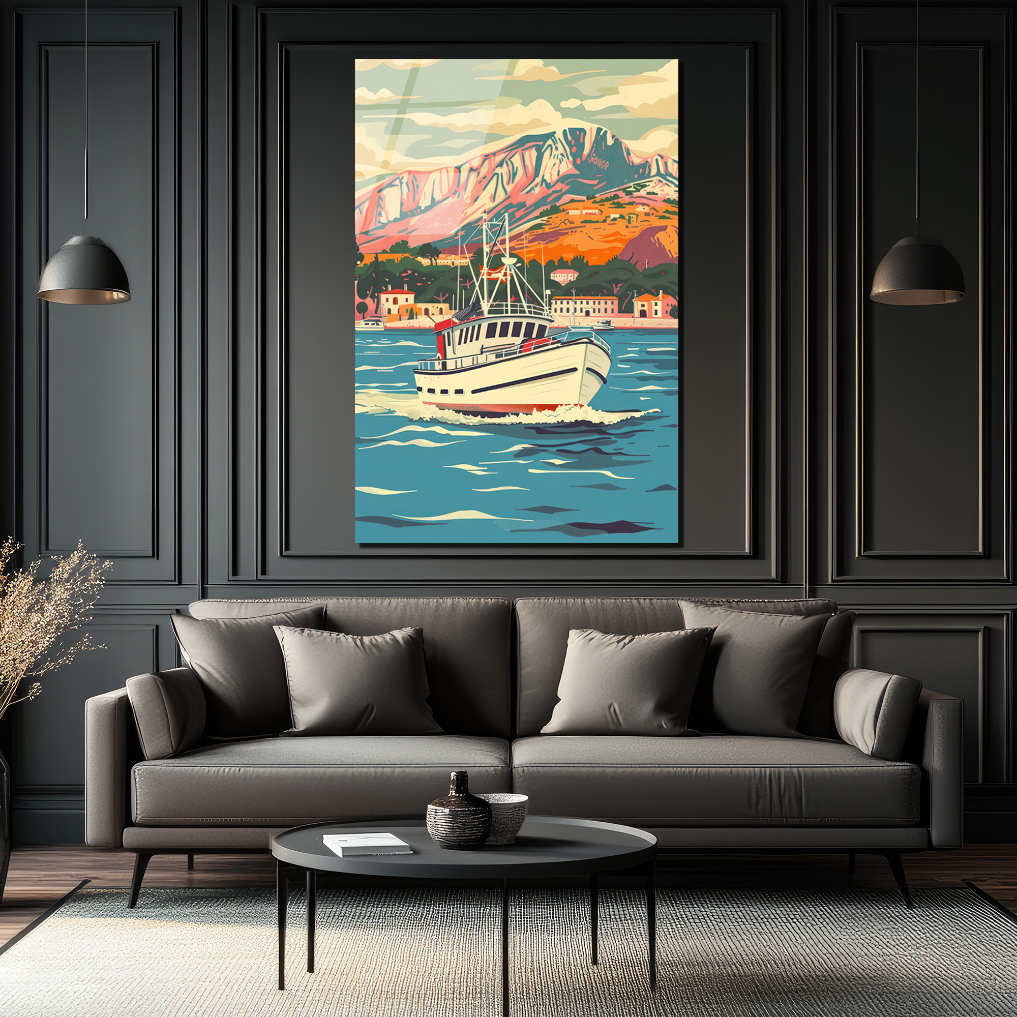 Akdeniz Esintisi Balıkçı Teknesi Cam Tablo - Deniz Manzaralı Duvar Sanatı - Glazella Akdeniz Esintisi Balıkçı Teknesi Cam Tablo - Deniz Manzaralı Duvar Sanatı - Glazella