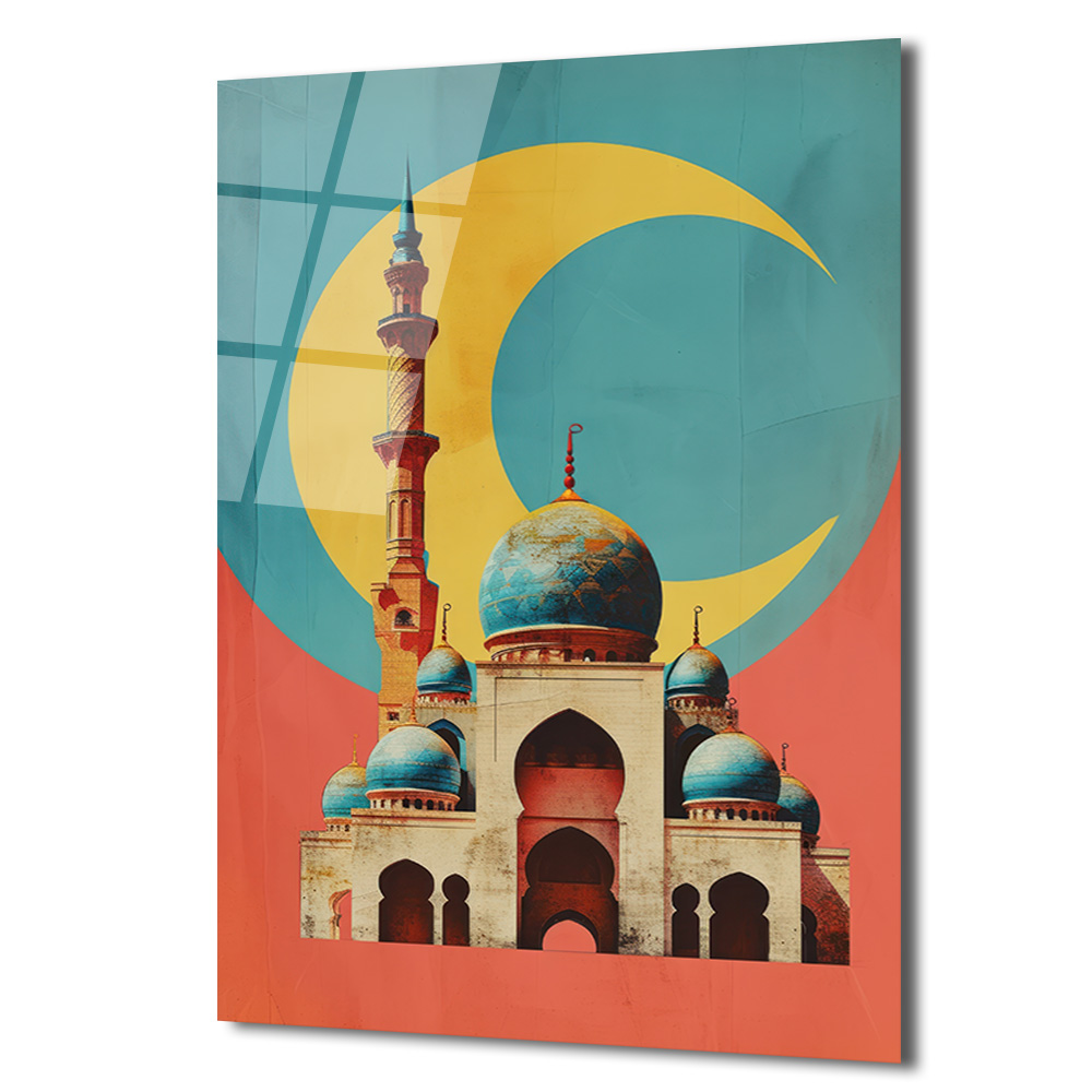Mistik Hilal ve Cami Temalı Modern Sanat Cam Tablo - Glazella Mistik Hilal ve Cami Temalı Modern Sanat Cam Tablo - Glazella