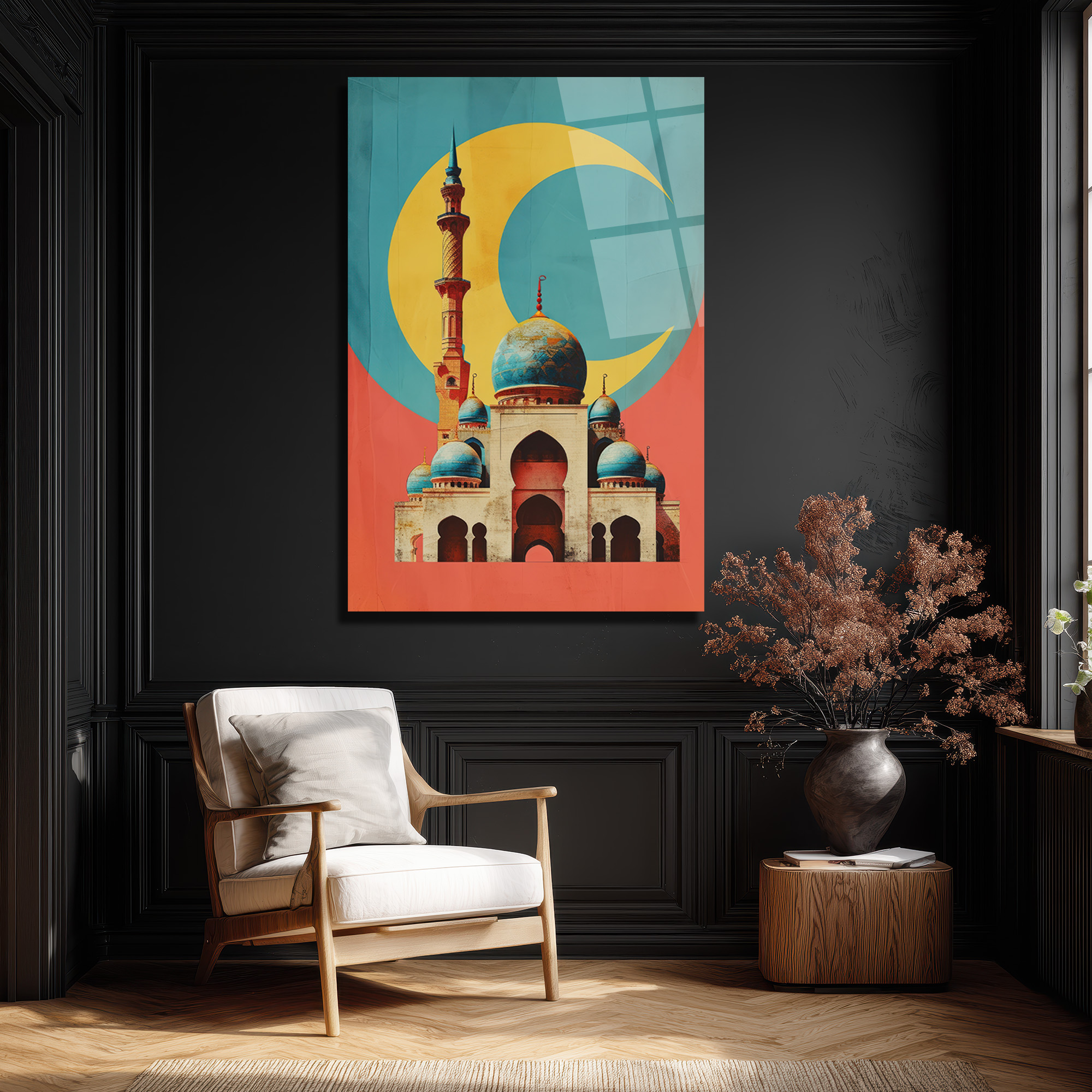 Mistik Hilal ve Cami Temalı Modern Sanat Cam Tablo - Glazella Mistik Hilal ve Cami Temalı Modern Sanat Cam Tablo - Glazella