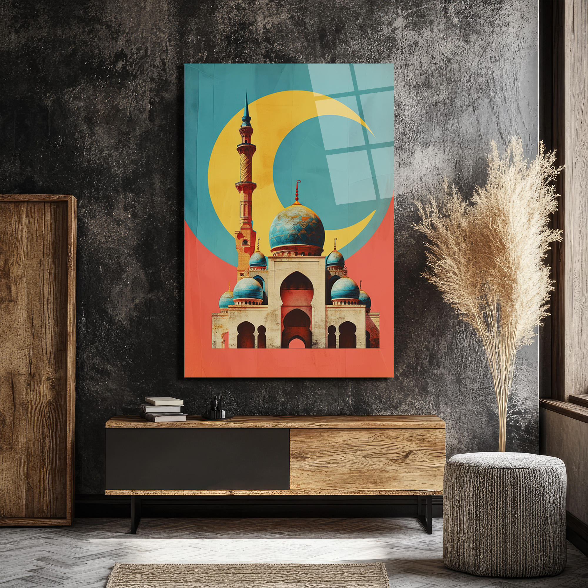 Mistik Hilal ve Cami Temalı Modern Sanat Cam Tablo - Glazella Mistik Hilal ve Cami Temalı Modern Sanat Cam Tablo - Glazella