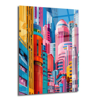 Fütüristik Şehir Manzarası Cam Tablo | Canlı Renklerle Modern Sanat - Glazella