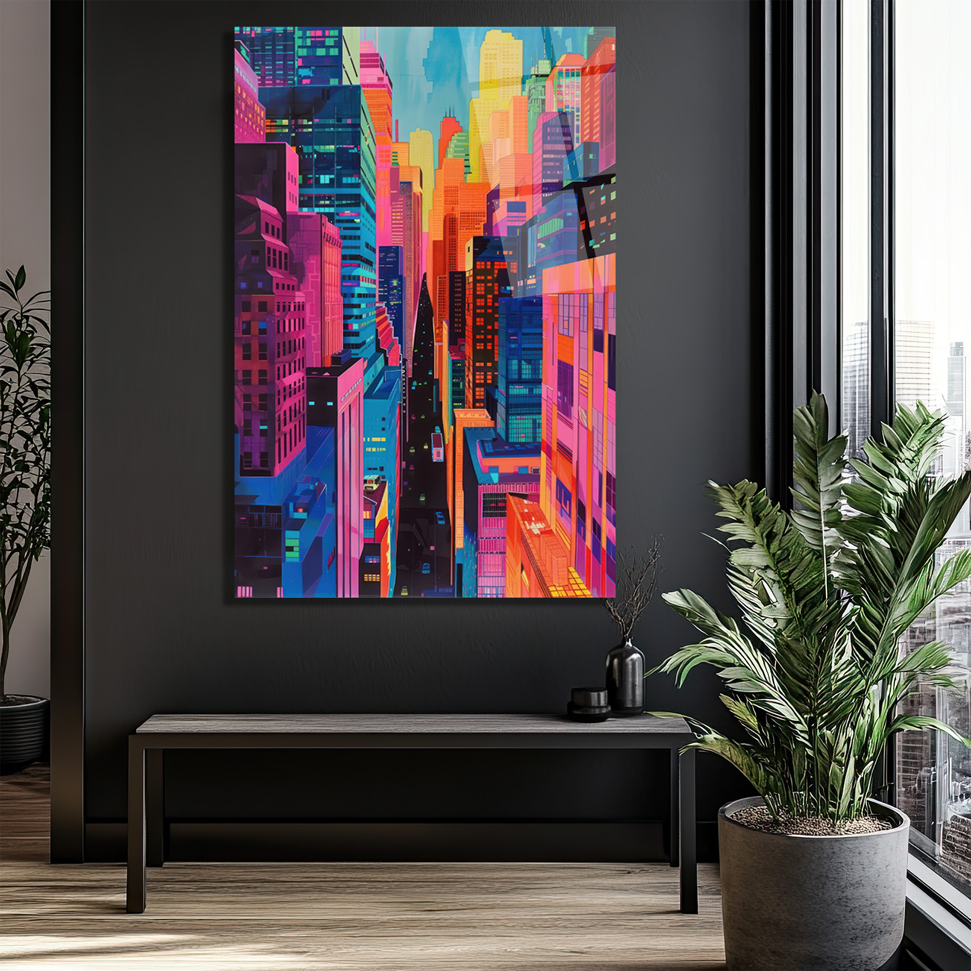 Neon Şehir Manzarası Cam Tablo - Modern Sanatın Kalbi - Glazella Neon Şehir Manzarası Cam Tablo - Modern Sanatın Kalbi - Glazella