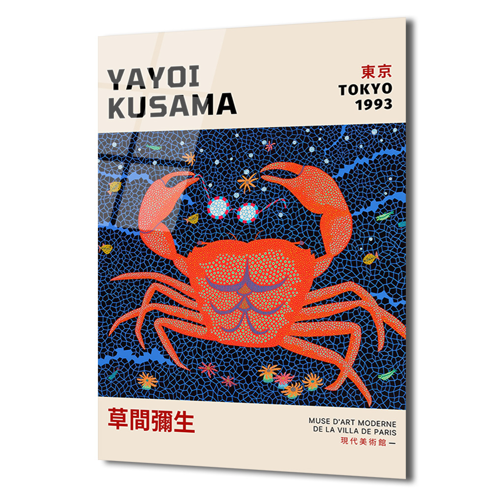 Yayoi Kusama Tarzı Kırmızı Yengeç Motifli Modern Cam Tablo - Glazella Yayoi Kusama Tarzı Kırmızı Yengeç Motifli Modern Cam Tablo - Glazella
