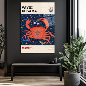 Yayoi Kusama Tarzı Kırmızı Yengeç Motifli Modern Cam Tablo - Glazella Yayoi Kusama Tarzı Kırmızı Yengeç Motifli Modern Cam Tablo - Glazella