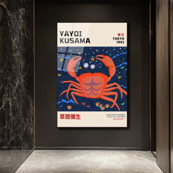 Yayoi Kusama Tarzı Kırmızı Yengeç Motifli Modern Cam Tablo - Glazella Yayoi Kusama Tarzı Kırmızı Yengeç Motifli Modern Cam Tablo - Glazella