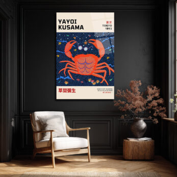 Yayoi Kusama Tarzı Kırmızı Yengeç Motifli Modern Cam Tablo - Glazella Yayoi Kusama Tarzı Kırmızı Yengeç Motifli Modern Cam Tablo - Glazella