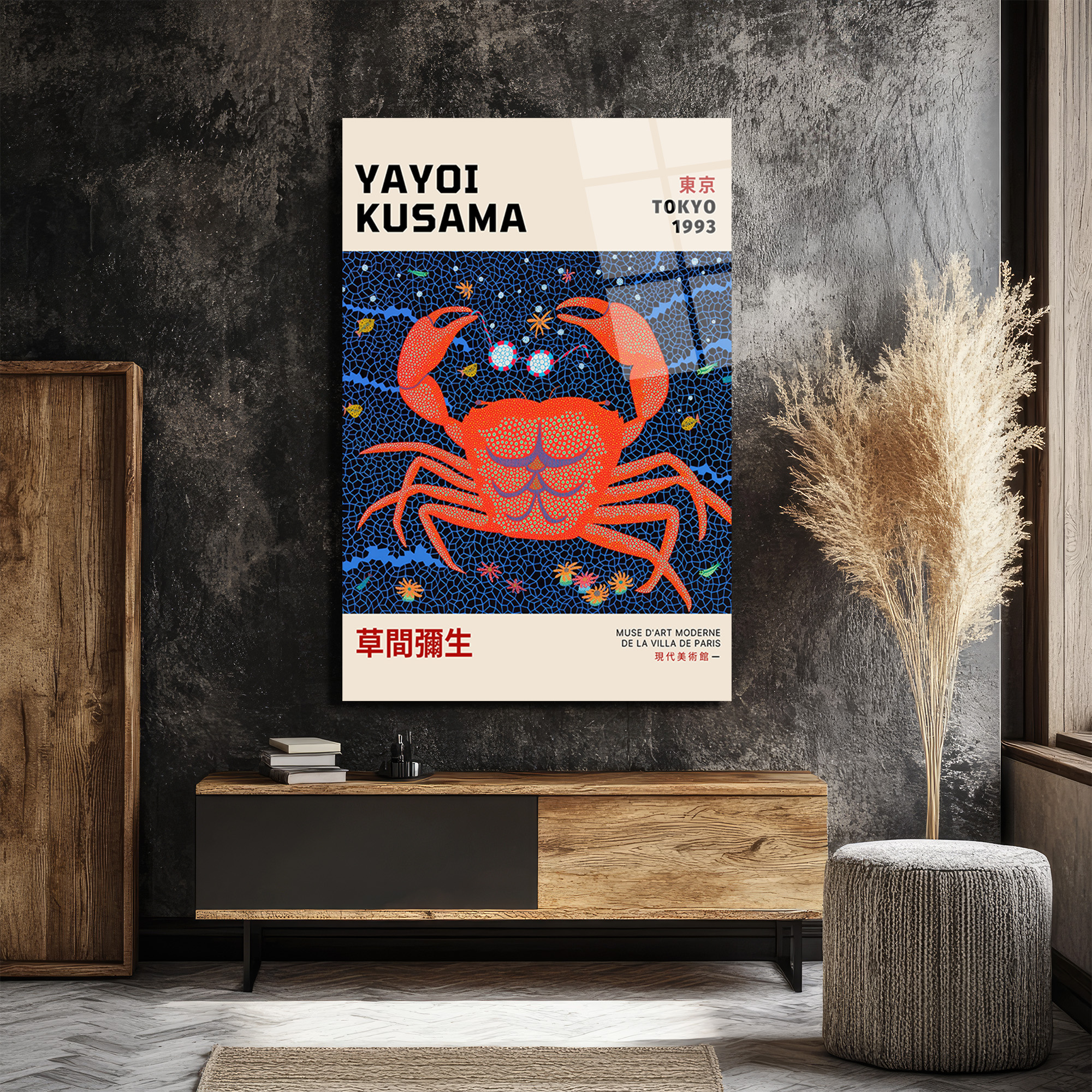 Yayoi Kusama Tarzı Kırmızı Yengeç Motifli Modern Cam Tablo - Glazella Yayoi Kusama Tarzı Kırmızı Yengeç Motifli Modern Cam Tablo - Glazella