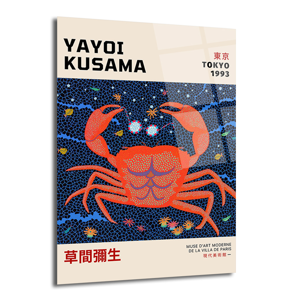 Yayoi Kusama Tarzı Kırmızı Yengeç Motifli Modern Cam Tablo - Glazella Yayoi Kusama Tarzı Kırmızı Yengeç Motifli Modern Cam Tablo - Glazella