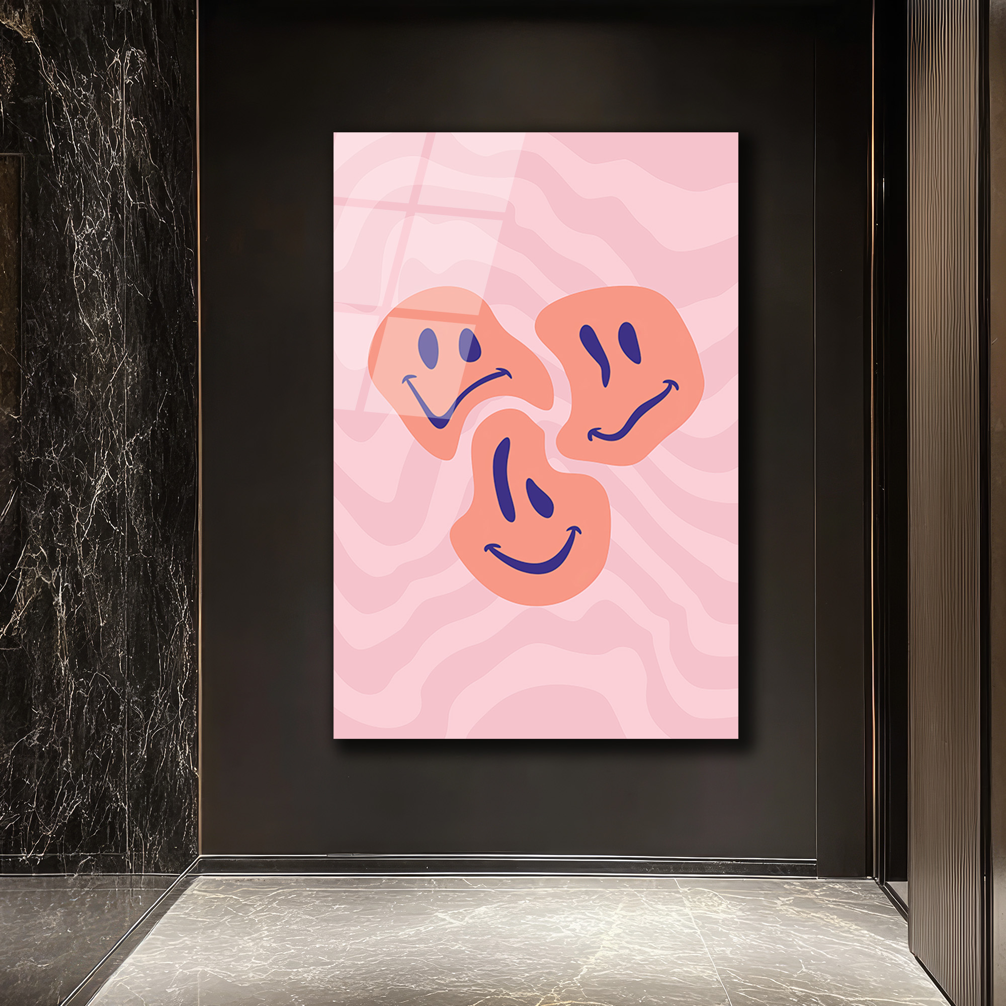 Neşeli Yüzler Pembe Dalgalı Modern Cam Tablo - Glazella Neşeli Yüzler Pembe Dalgalı Modern Cam Tablo - Glazella