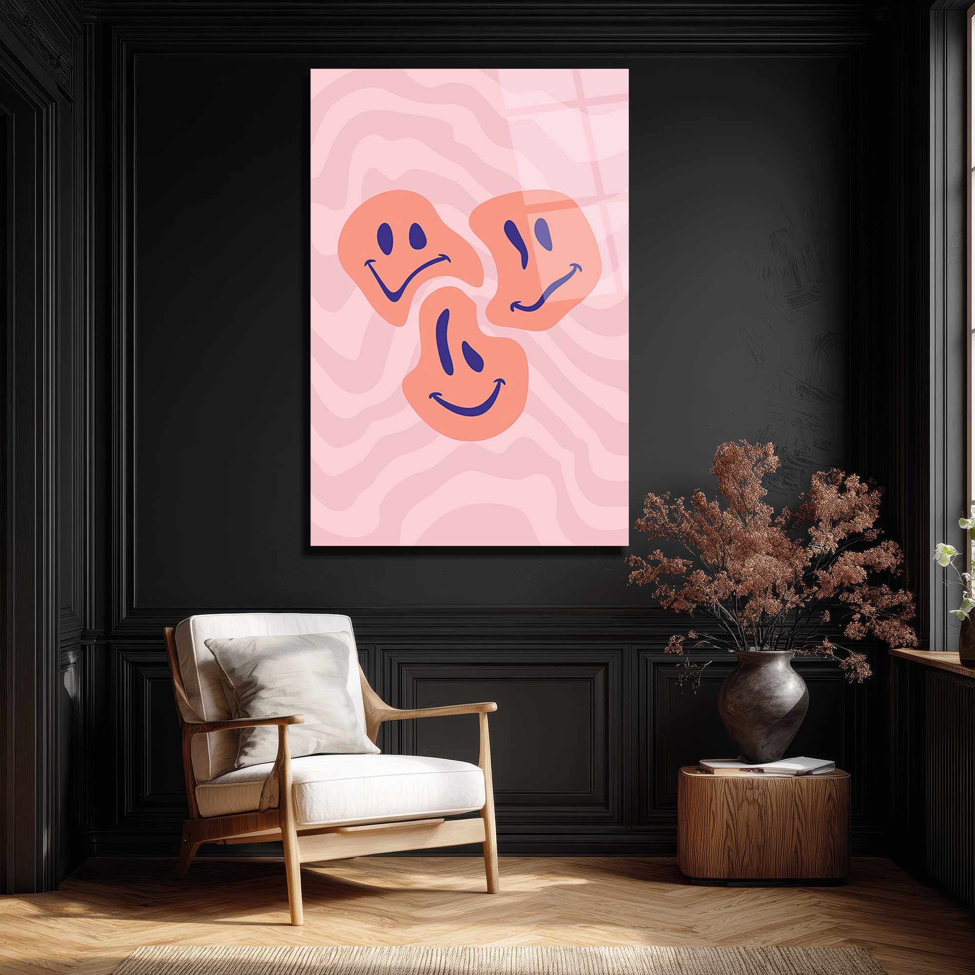 Neşeli Yüzler Pembe Dalgalı Modern Cam Tablo - Glazella Neşeli Yüzler Pembe Dalgalı Modern Cam Tablo - Glazella
