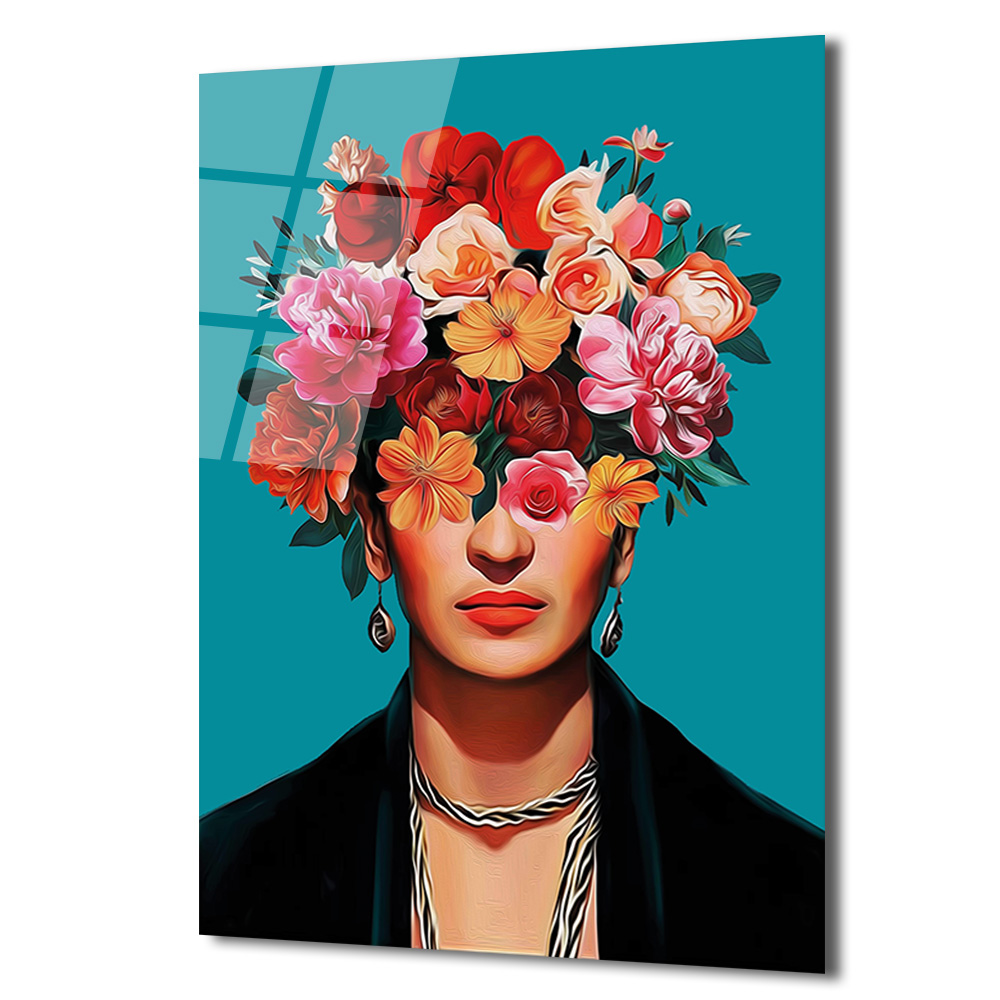 Canlı Çiçeklerle Frida Esintili Modern Portre Cam Tablo - Glazella Canlı Çiçeklerle Frida Esintili Modern Portre Cam Tablo - Glazella