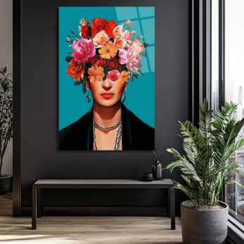 Canlı Çiçeklerle Frida Esintili Modern Portre Cam Tablo - Glazella Canlı Çiçeklerle Frida Esintili Modern Portre Cam Tablo - Glazella