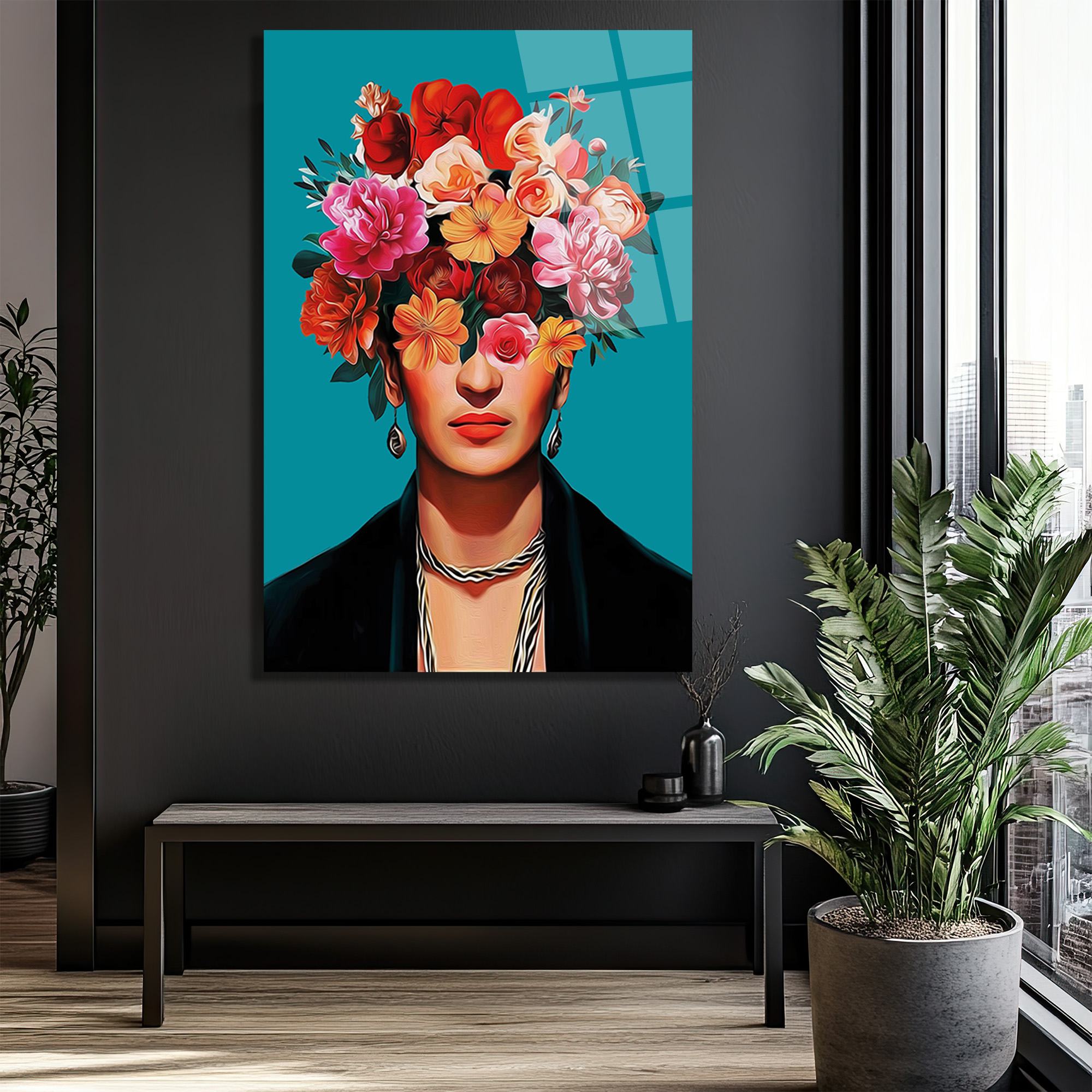 Canlı Çiçeklerle Frida Esintili Modern Portre Cam Tablo - Glazella Canlı Çiçeklerle Frida Esintili Modern Portre Cam Tablo - Glazella