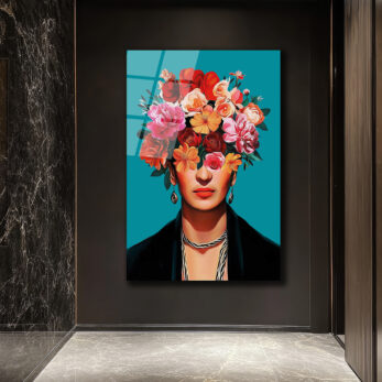 Canlı Çiçeklerle Frida Esintili Modern Portre Cam Tablo - Glazella Canlı Çiçeklerle Frida Esintili Modern Portre Cam Tablo - Glazella