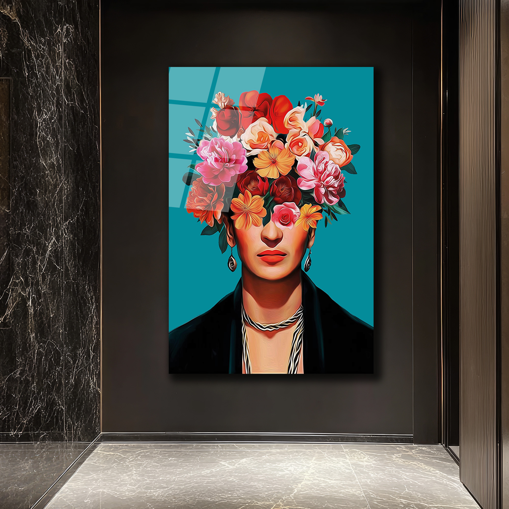 Canlı Çiçeklerle Frida Esintili Modern Portre Cam Tablo - Glazella Canlı Çiçeklerle Frida Esintili Modern Portre Cam Tablo - Glazella
