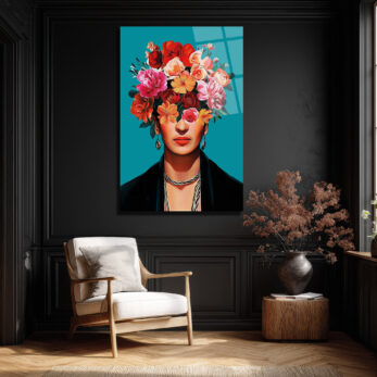 Canlı Çiçeklerle Frida Esintili Modern Portre Cam Tablo - Glazella Canlı Çiçeklerle Frida Esintili Modern Portre Cam Tablo - Glazella