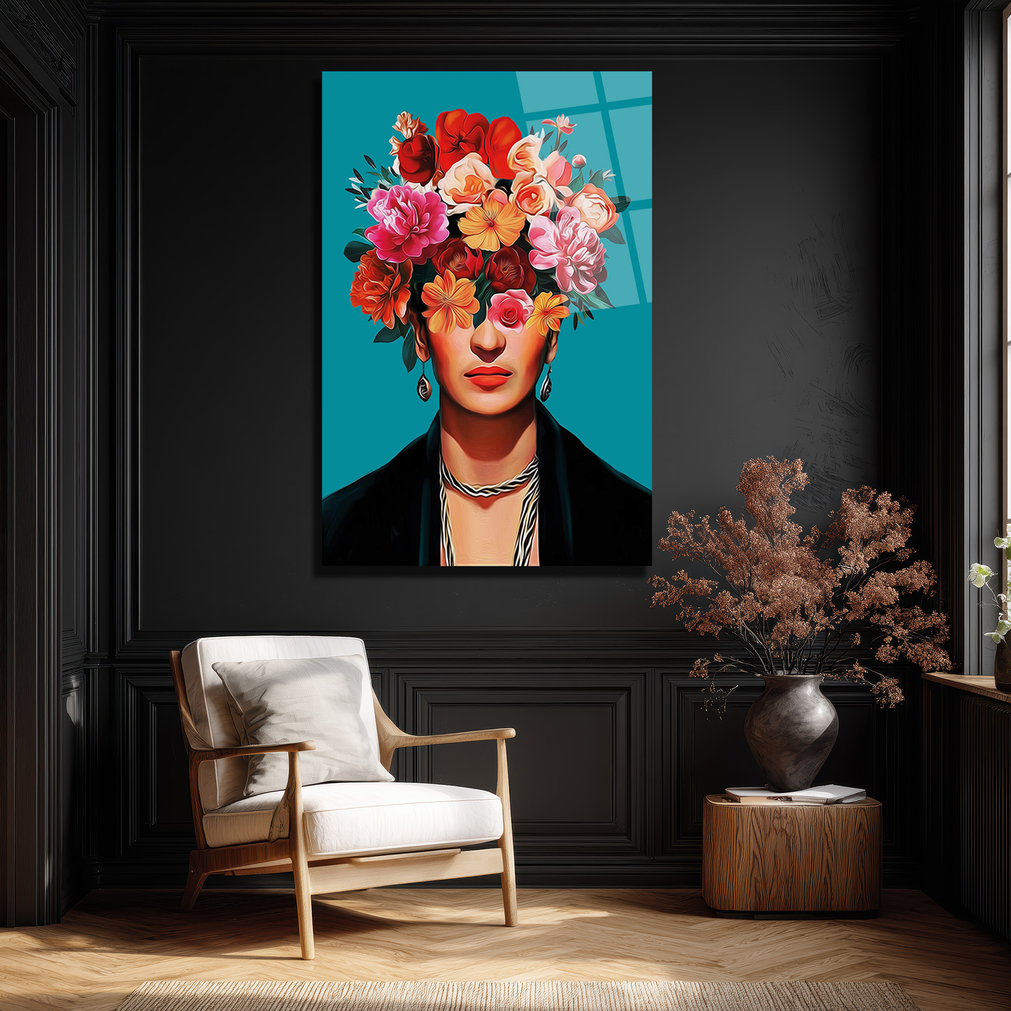 Canlı Çiçeklerle Frida Esintili Modern Portre Cam Tablo - Glazella Canlı Çiçeklerle Frida Esintili Modern Portre Cam Tablo - Glazella