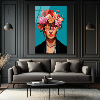 Canlı Çiçeklerle Frida Esintili Modern Portre Cam Tablo - Glazella Canlı Çiçeklerle Frida Esintili Modern Portre Cam Tablo - Glazella