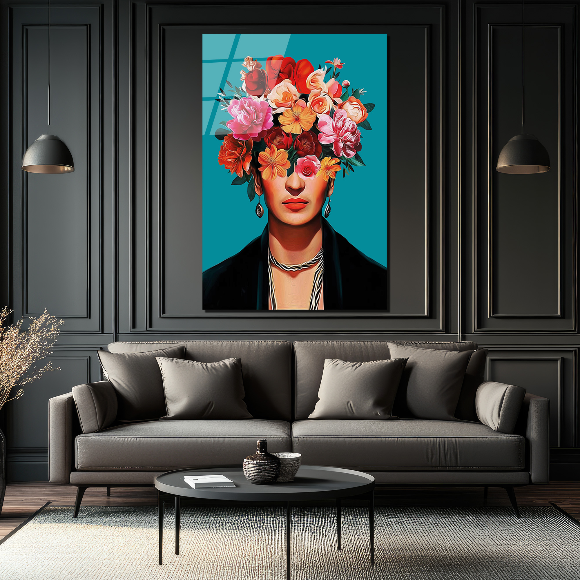 Canlı Çiçeklerle Frida Esintili Modern Portre Cam Tablo - Glazella Canlı Çiçeklerle Frida Esintili Modern Portre Cam Tablo - Glazella